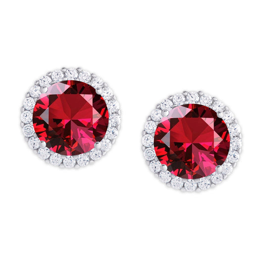 Silver Plated Round Simulated Ruby & CZ Halo Stud Earrings