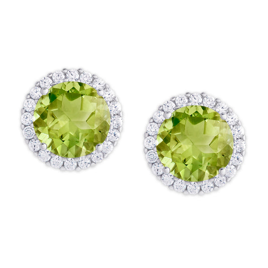 Silver Plated Round Simulated Peridot & CZ Halo Stud Earrings