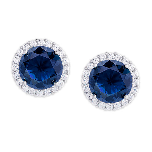 Silver Plated Round Simulated Sapphire & CZ Halo Stud Earrings