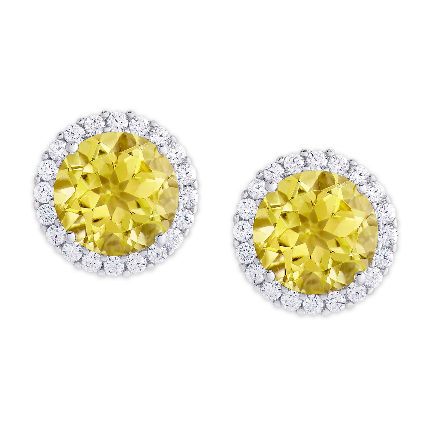 Silver Plated Round Simulated Citrine & CZ Halo Stud Earrings