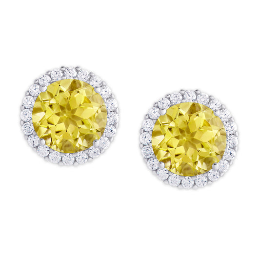 Silver Plated Round Simulated Citrine & CZ Halo Stud Earrings