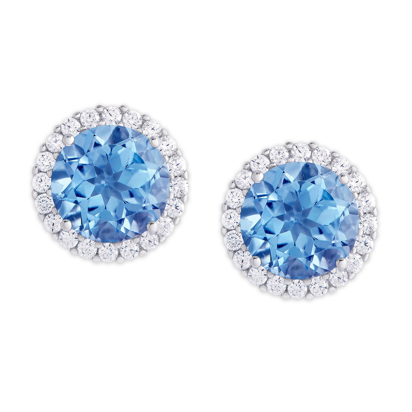 Silver Plated Round Simulated Blue Topaz & CZ Halo Stud Earrings