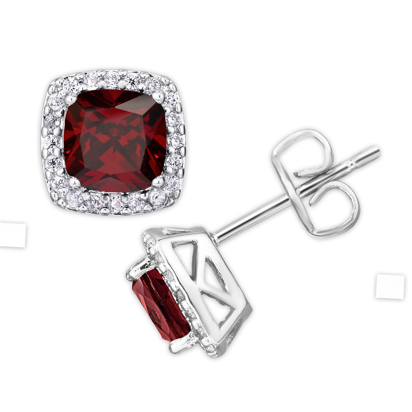 Silver Plated Cushion Simulated Garnet & CZ Halo Stud Earrings