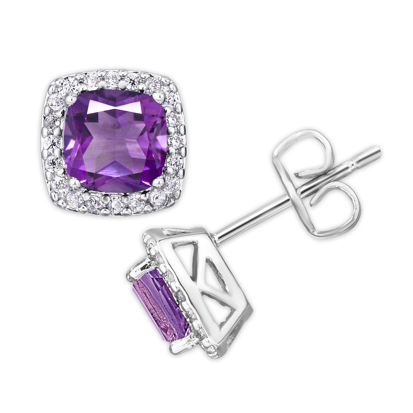 Silver Plated Cushion Simulated Amethyst & CZ Halo Stud Earrings