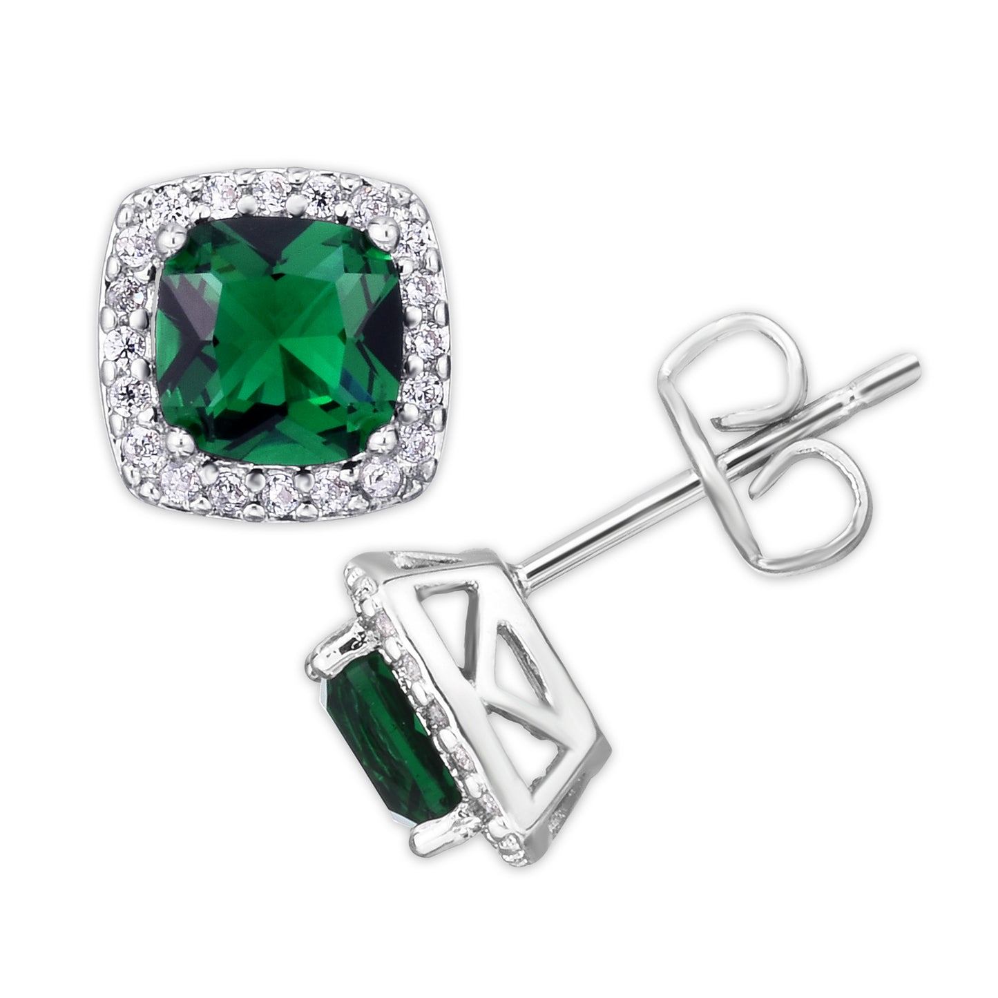 Silver Plated Cushion Simulated Emerald & CZ Halo Stud Earrings