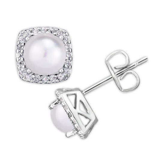 Silver Plated Cushion Simulated Pearl & CZ Halo Stud Earrings