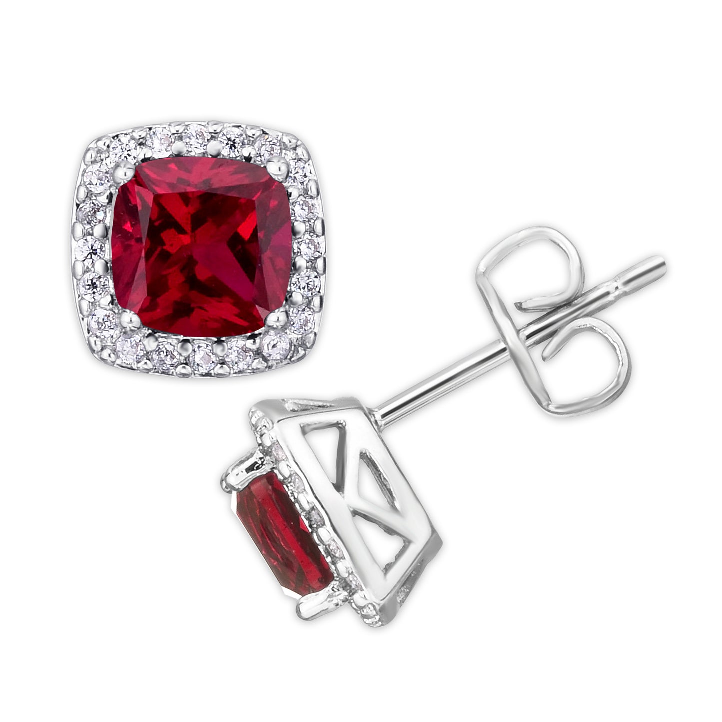 Silver Plated Cushion Simulated Ruby & CZ Halo Stud Earrings