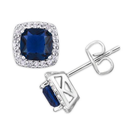 Silver Plated Cushion Simulated Sapphire & CZ Halo Stud Earrings