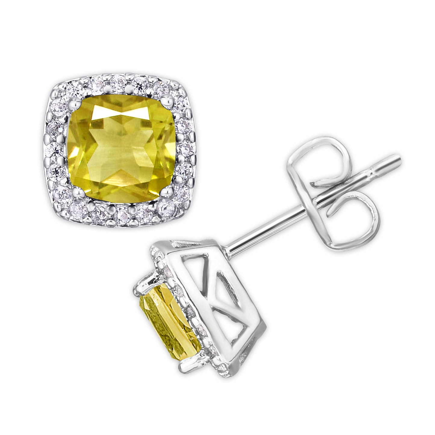 Silver Plated Cushion Simulated Citrine & CZ Halo Stud Earrings