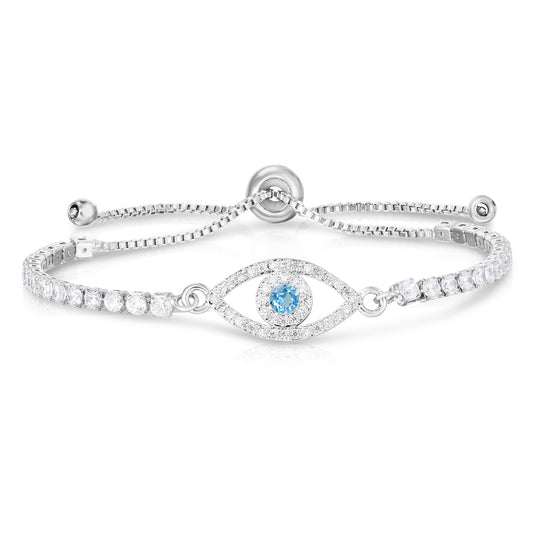 Silver Plated Cubic Zirconia Evil Eye Adjustable Bracelet