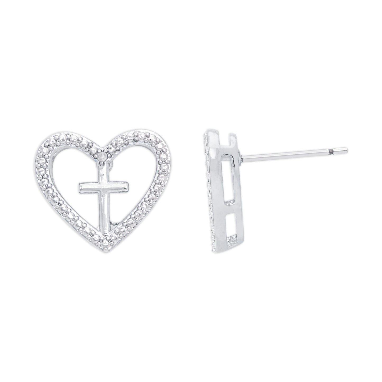 Silver Plated Diamond Accent Cross in Heart Stud Earrings