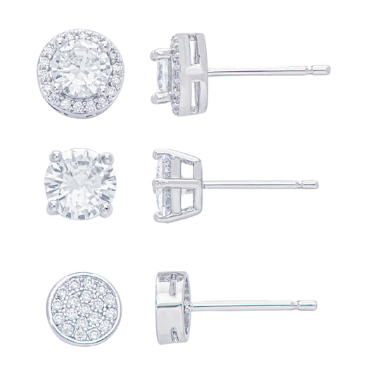 Silver Plated 6MM Round, Halo, & 5MM CZ Stud Earring Set