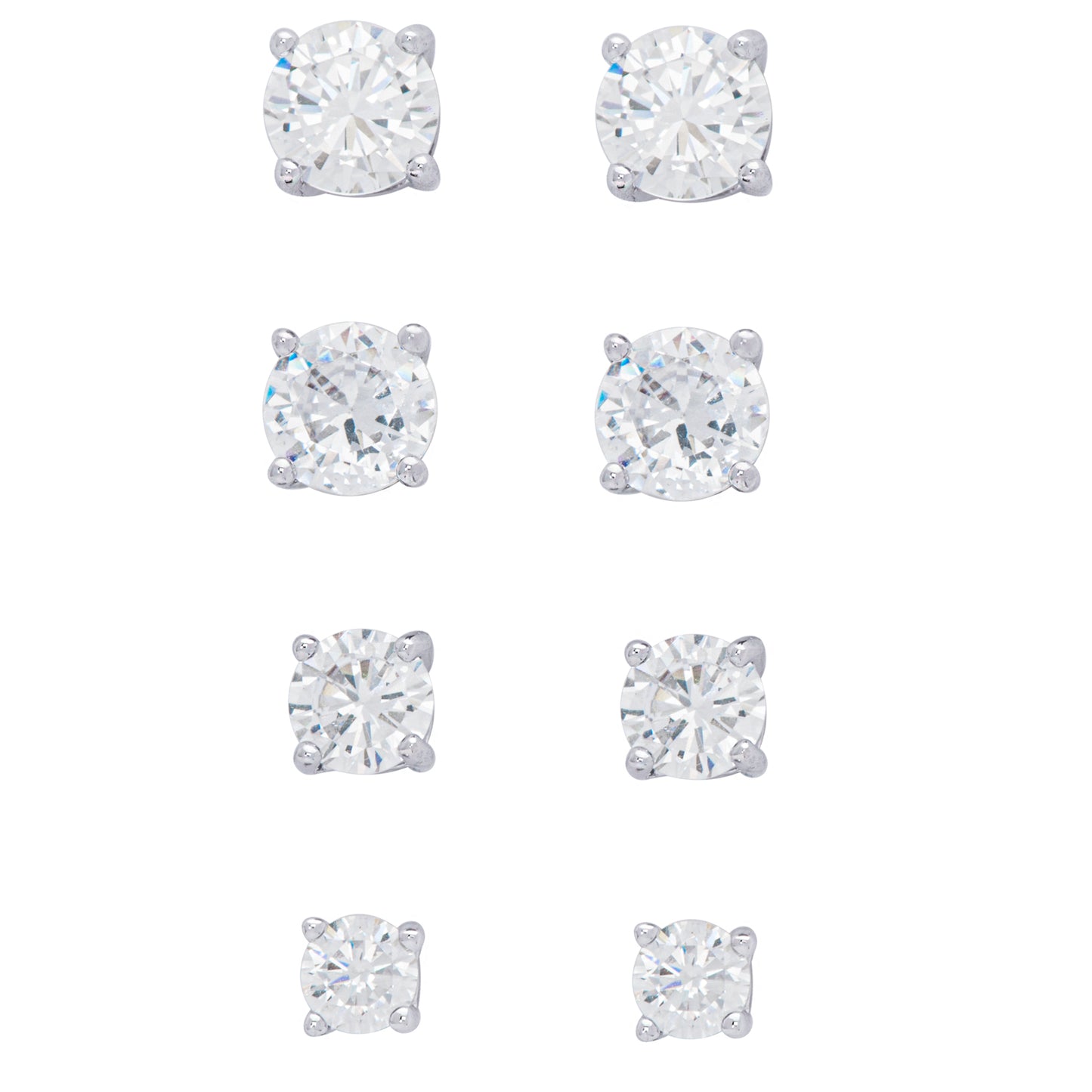 Silver Plated 4 Prs Round CZ Stud Earring Set