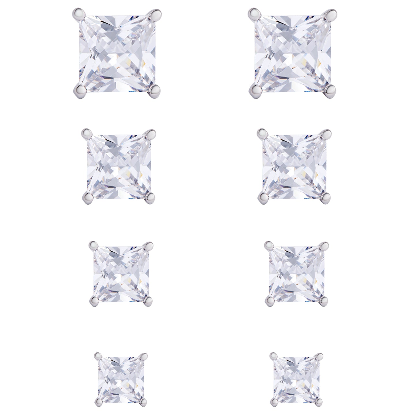 Silver Plated 4 Prs Square CZ Stud Earring Set