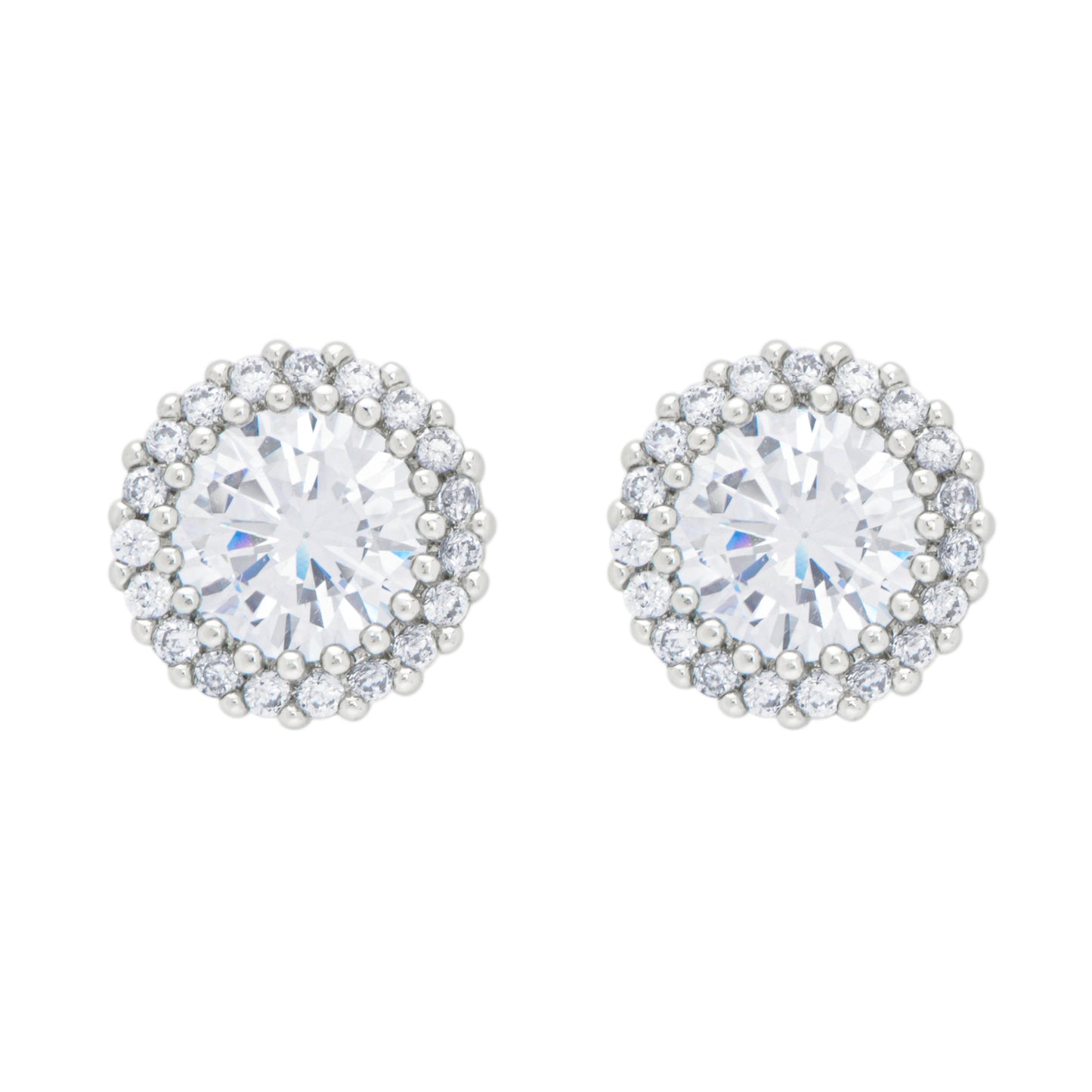 Silver Plated Round Halo Cubic Zirconia Stud Earrings