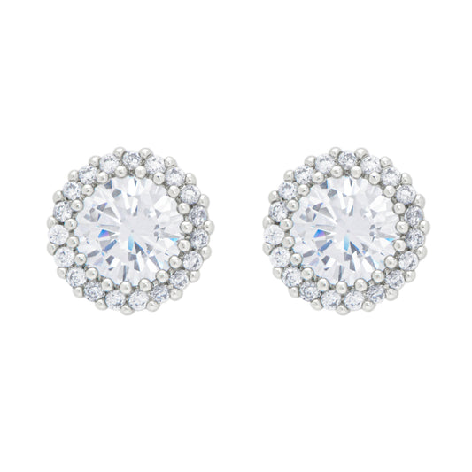 Silver Plated Round Halo Cubic Zirconia Stud Earrings