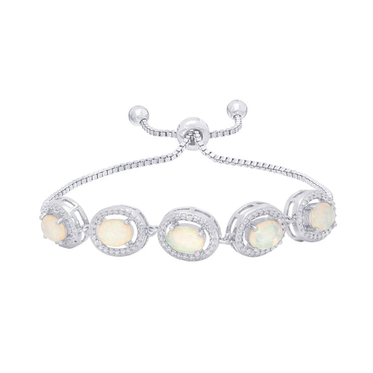 Simulated Oval Opal Adjustable Bolo Bracelet in Fine Silver Plate