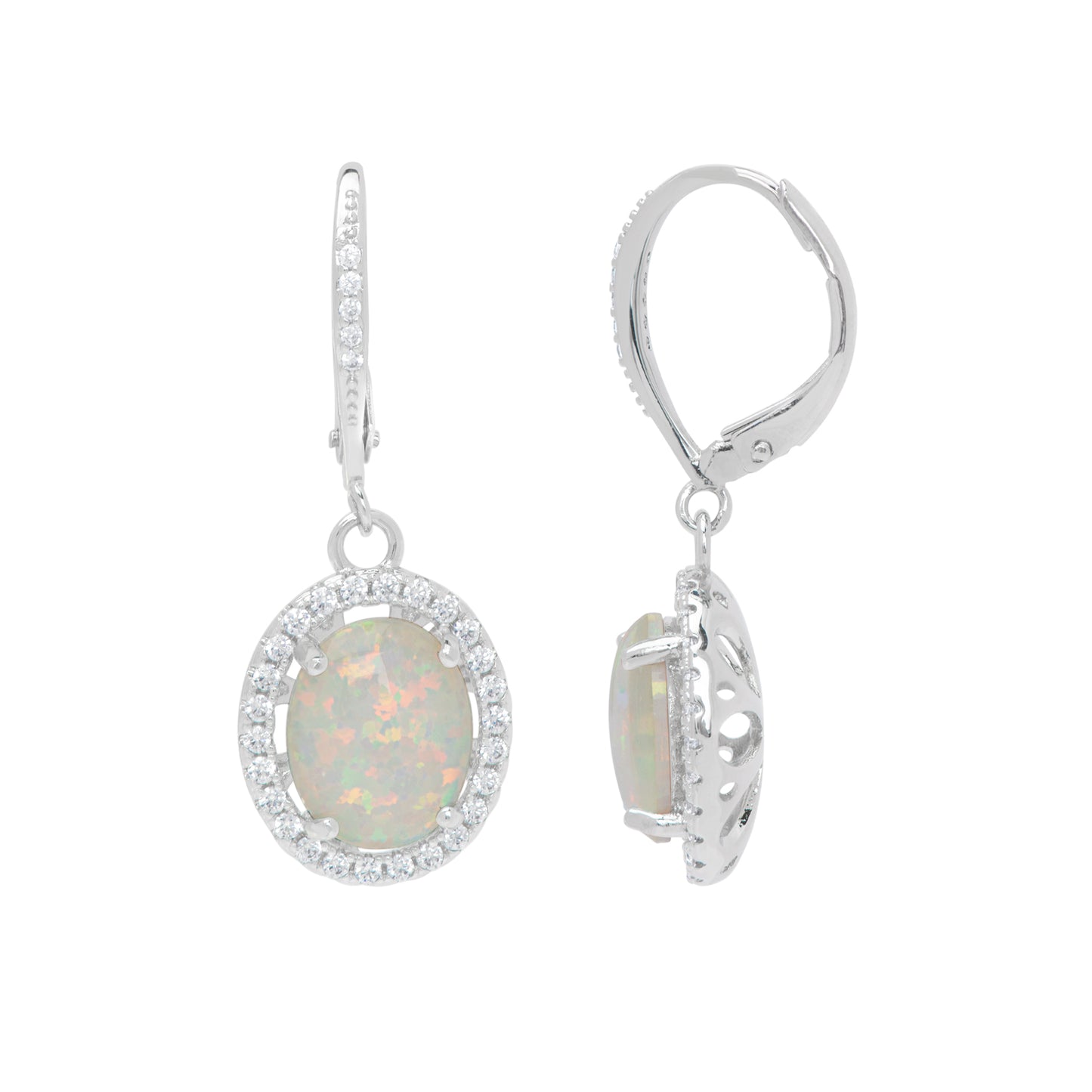 Simulated Opal & Cubic Zirconia Lever back Earrings in Fine Silver Plate