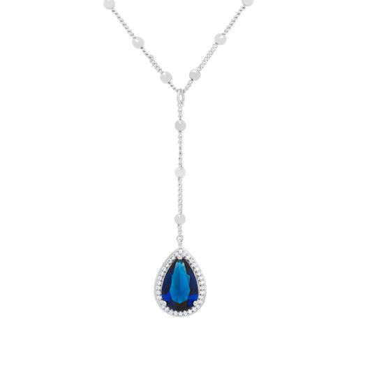 Simulated Sapphire and Cubic Zirconia Pear Y 18'' Necklace in Fine Silver Plate