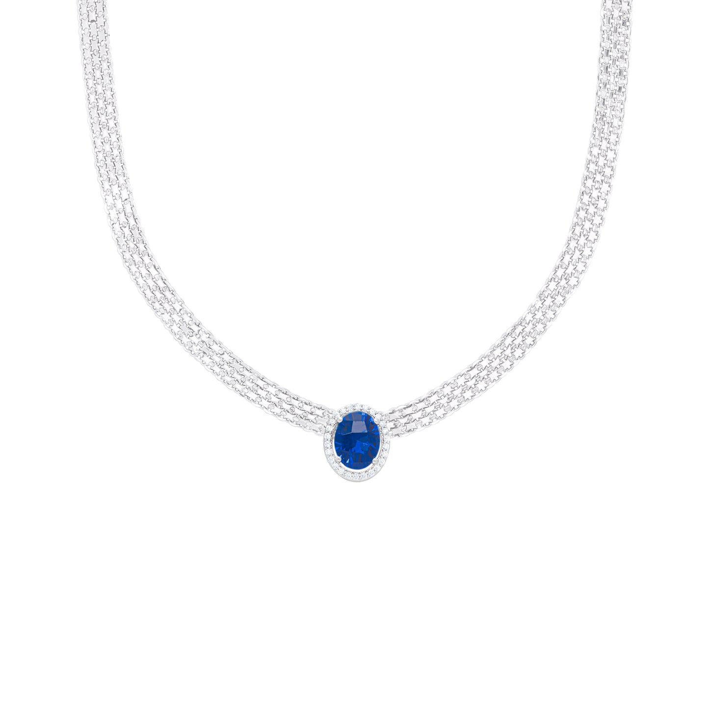 Simulated Sapphire and Cubic Zirconia Oval Bizmark 18'' Necklace in Fine Silver Plate