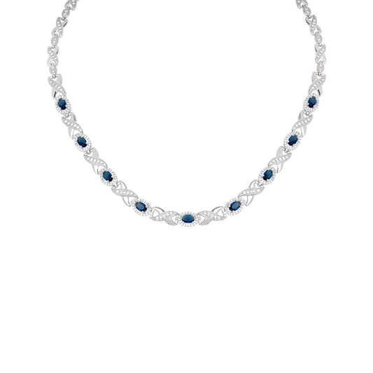 Simulated Sapphire and Cubic Zirconia Oval XO Frontal 18'' Necklace in Fine Silver Plate