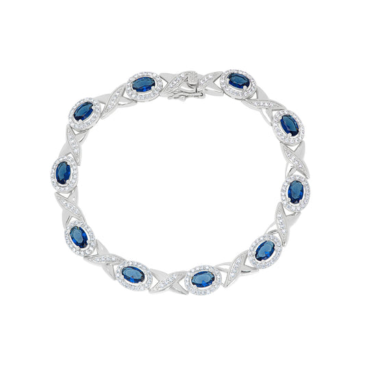 Simulated Sapphire and Cubic Zirconia Oval Halo Bracelet in Fine Silver Plate