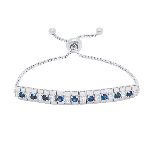 Simulated Sapphire and Cubic Zirconia Adjustable Bolo Bracelet in Fine Silver Plate