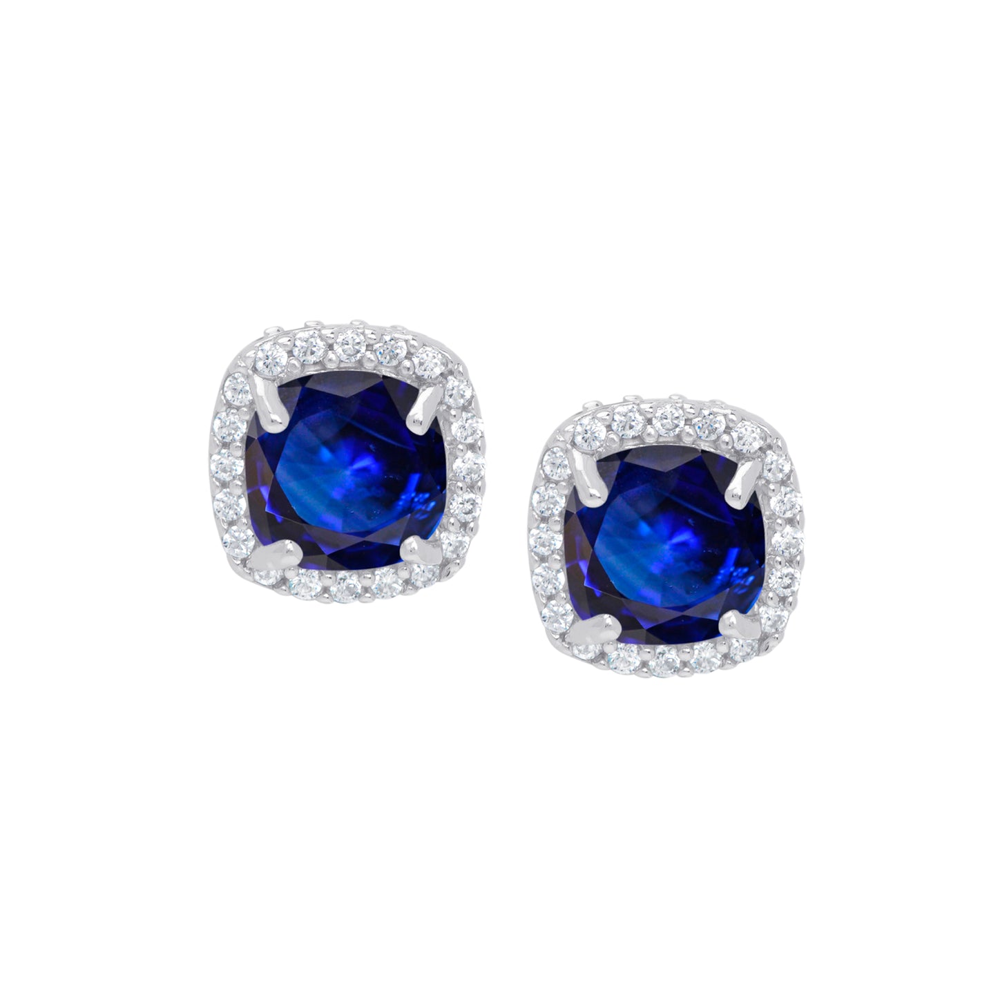 Sterling Silver Lab Sapphire & Cubic Zirconia Cushion Halo Stud Earrings