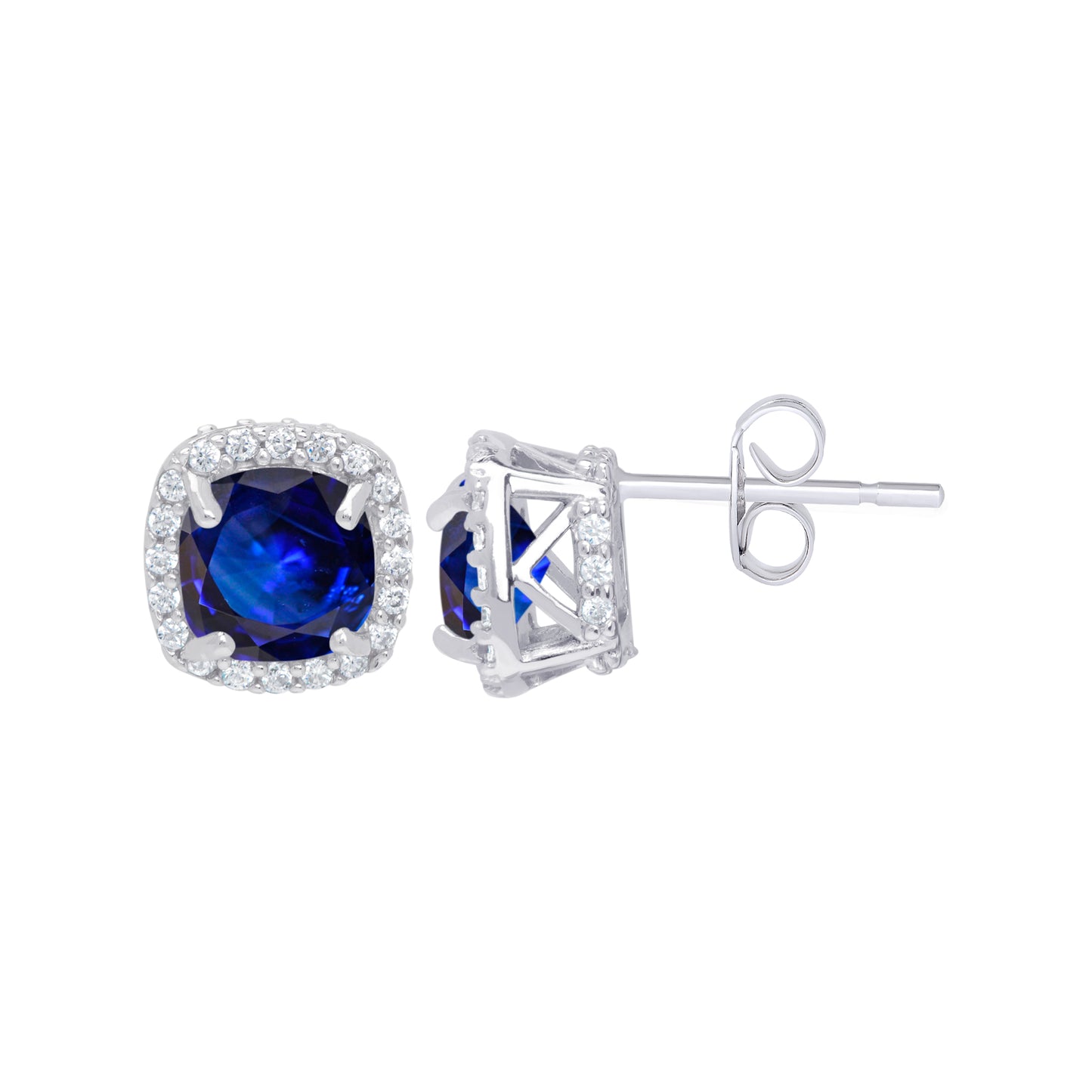 Sterling Silver Lab Sapphire & Cubic Zirconia Cushion Halo Stud Earrings