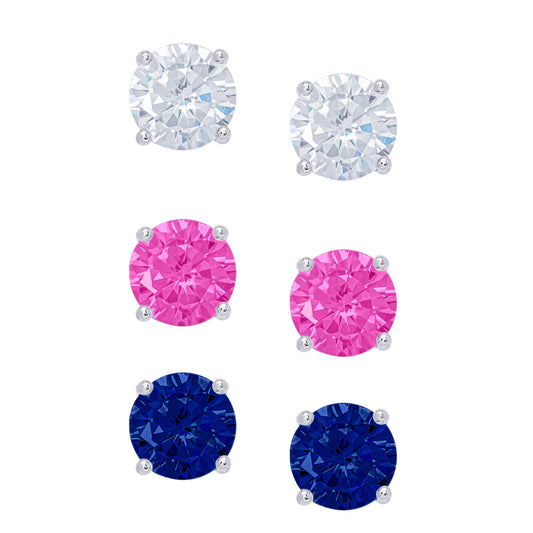 Sterling Silver Lab Pink, White, Blue Gemstone Sapphire Stud Earring Set