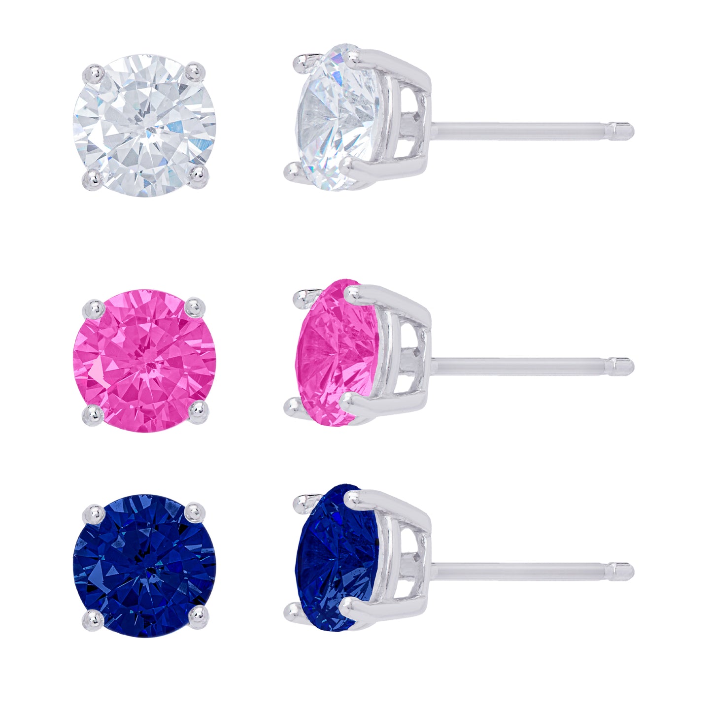 Sterling Silver Lab Pink, White, Blue Gemstone Sapphire Stud Earring Set