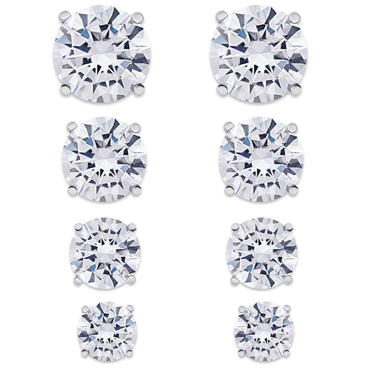 Sterling Silver 4 Prs Round Cubic Zirconia Stud Set- Large