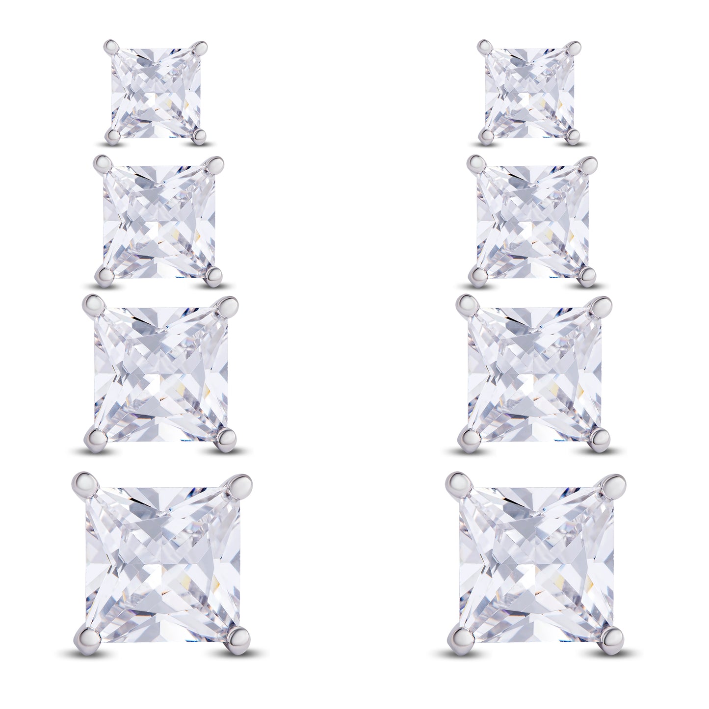 Sterling Silver 4 Prs Square Cubic Zirconia Stud Set