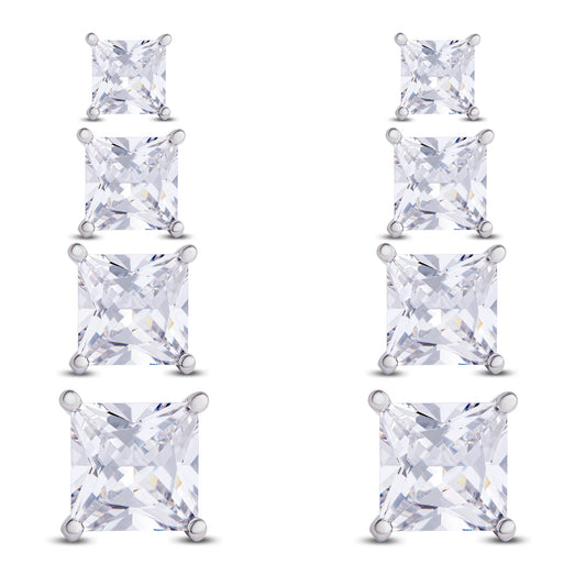 Sterling Silver 4 Prs Square Cubic Zirconia Stud Set