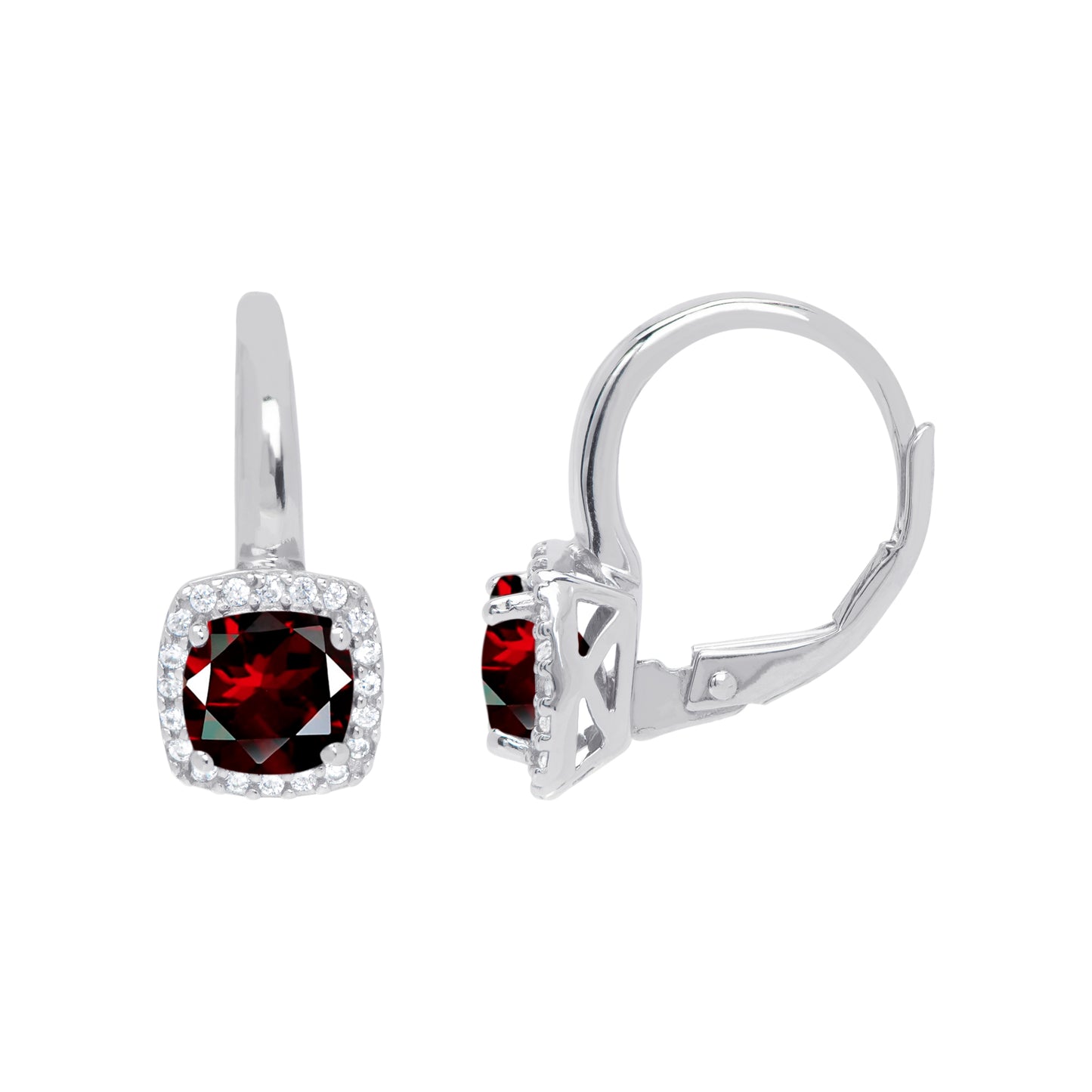 Sterling Silver Garnet Gemstone & Cubic Zirconia Cush Lever back Earrings