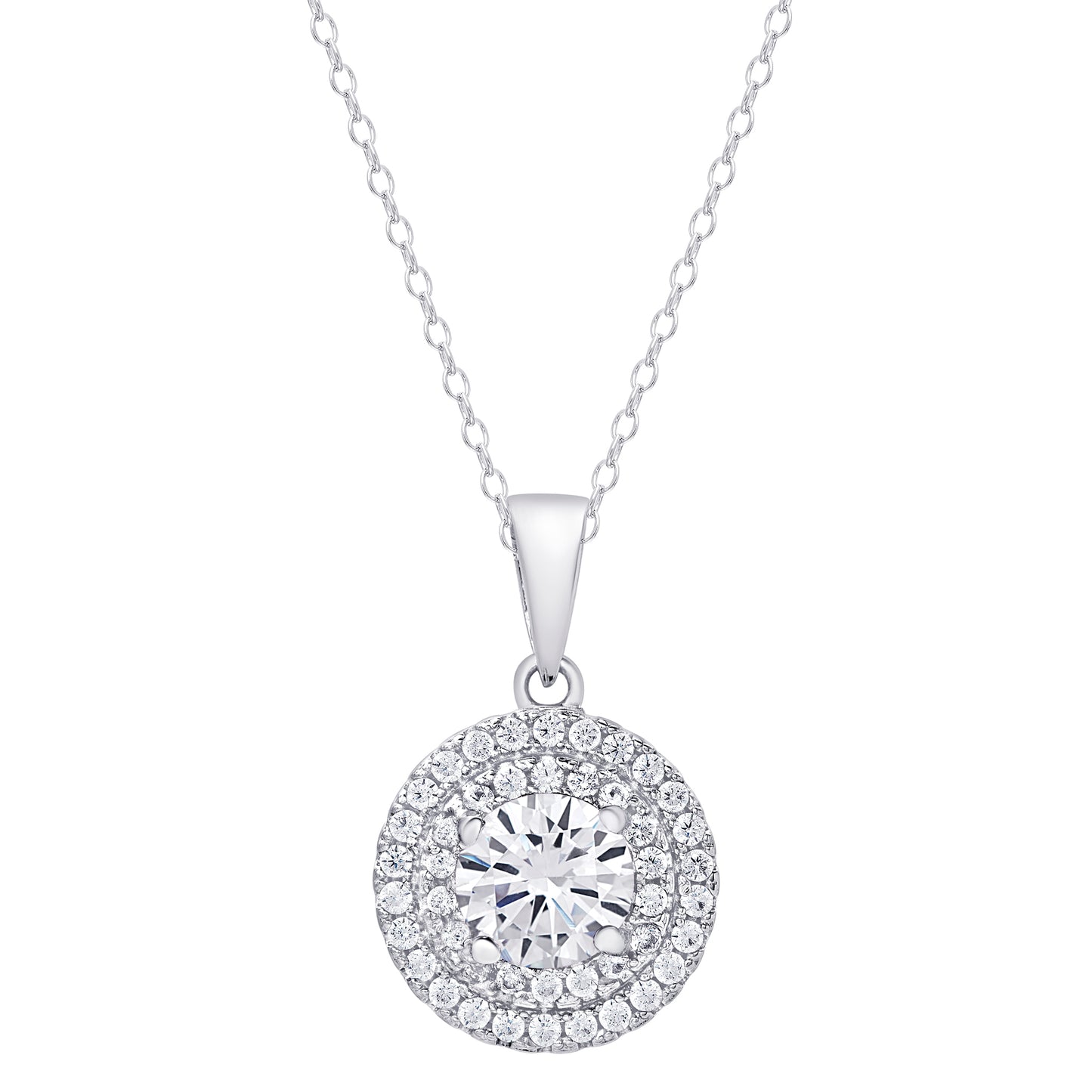 Sterling Silver Cubic Zirconia Double Halo Round Pendant