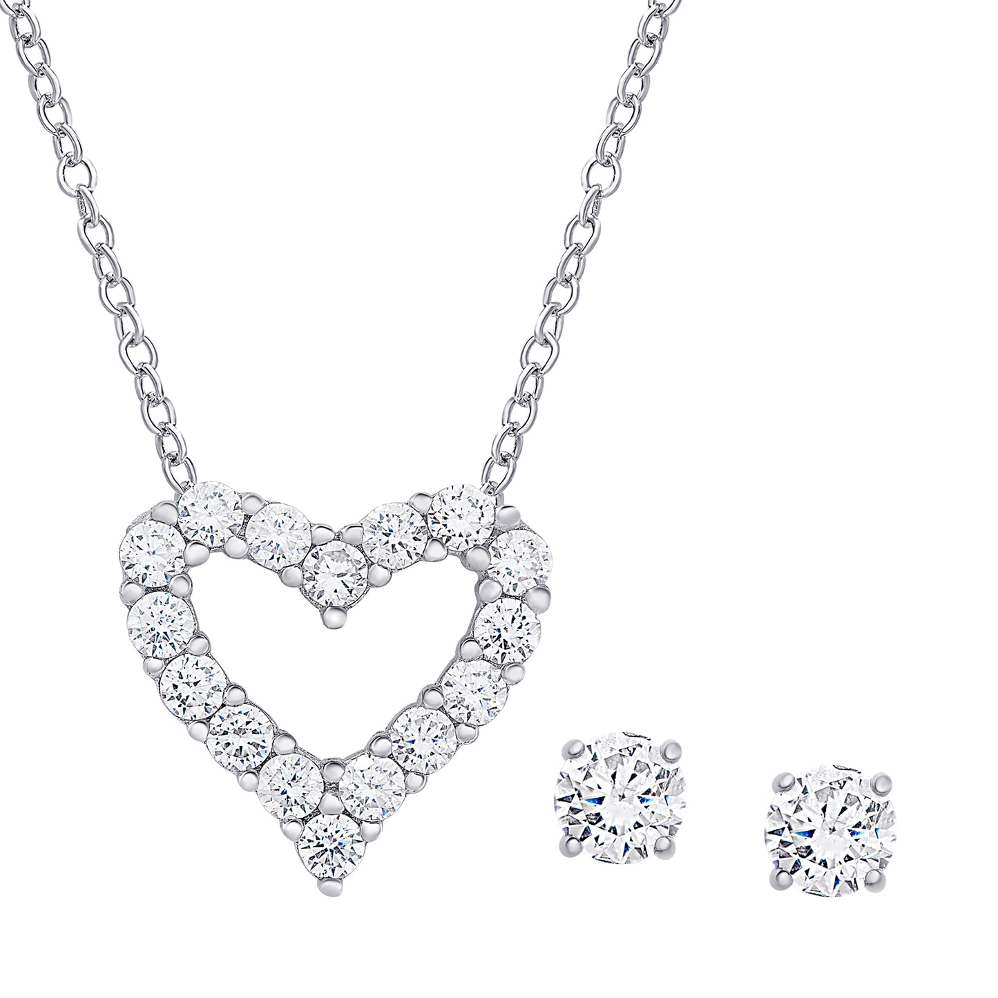 Sterling Silver Cubic Zirconia Heart Pendant & Stud Set